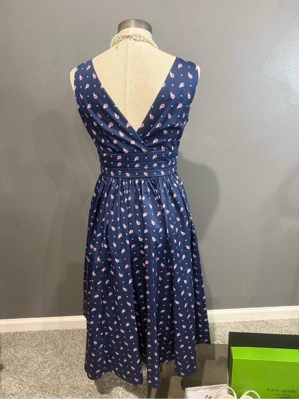 kate spade Navy Floral Sleeveless V-Neck Fit-and-Flare Dress - Picture 4 of 5